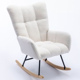 Rocking Chair, Soft Teddy Fabric Rocking Chair for Nursery, Comfy Wingback Glider Rocker with Safe Solid Wood Base for Living Room Bedroom Balcony (wh