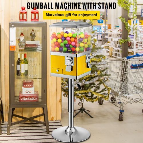 VEVOR Gumball Machine with Stand, Yellow Quarter Candy Dispenser, Rotatable Four Compartments Square Candy Vending Machine, PC & Iron Large Gumball Ba