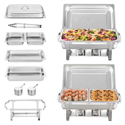 VEVOR 2-Pack Rectangle Chafing Dish Set 2 Full-Size 8Qt Pan 4 Half-Size 4Qt Pans